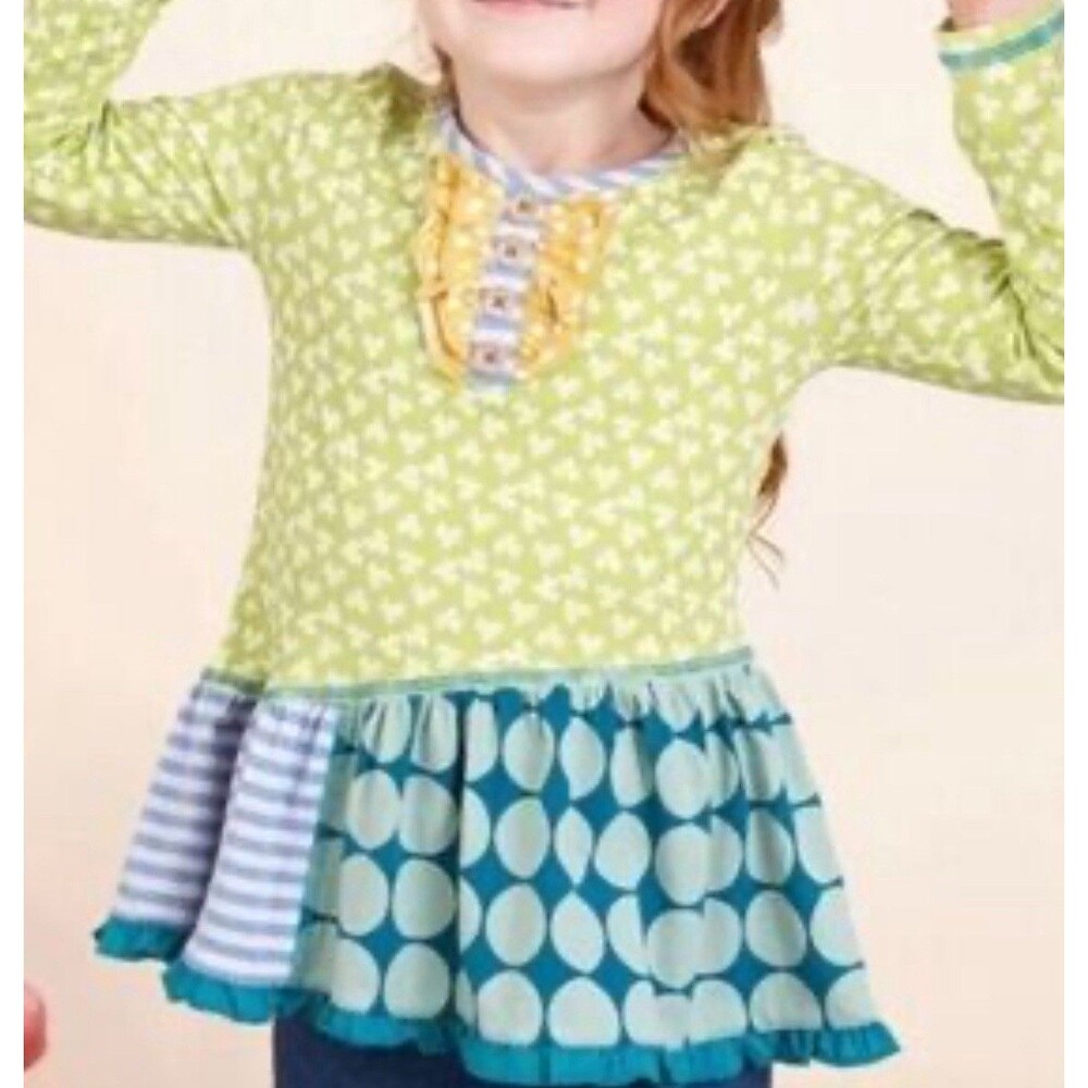 Matilda Jane Green Leaves Blue Polka Dots Long Sleeve Shirt EUC Sz 14